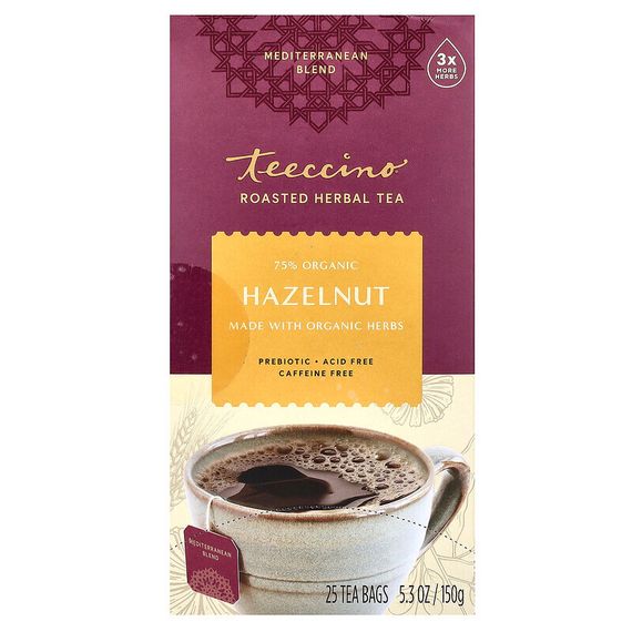 Teeccino, чай из обжаренных трав, вкус лесного ореха, без кофеина, 25 чайных пакетиков, 150 г (5,3 унции)