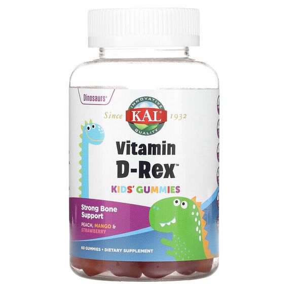KAL, Жевательные мармеладки с витамином D-Rex для детей, персик, манго и клубника, 60 жевательных таблеток