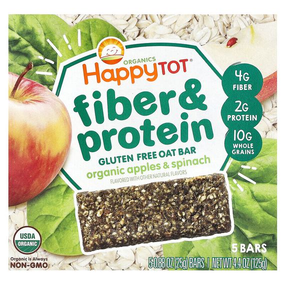 Happy Family Organics, Happytot,  овсяной батончик с волокнами и протеином, органические яблоки и шпинат, 5 батончиков, 0,88 унции (25 г каждый)