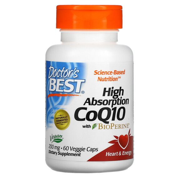 Doctor&#39;s Best, высокоусвояемый коэнзим Q10 с биоперином, 200 мг, 60 растительных капсул