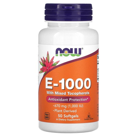 NOW Foods, E-1000 со смешанными токоферолами, 670 мг (1000 МЕ), 50 мягких таблеток