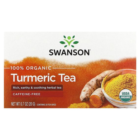 Swanson, 100% органический чай с куркумой, без кофеина, 20 чайных пакетиков, 20 г (0,7 унции)