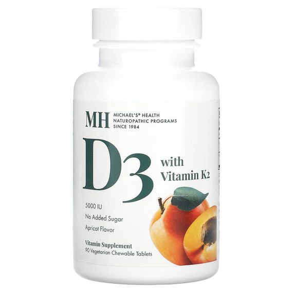 Michael&#39;s Naturopathic, витамин D3, с витамином K2, вкус абрикоса, 5000 мкг, 90 вегетарианских жевательных таблеток