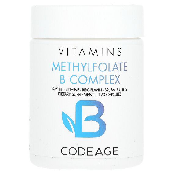 Codeage, витамины, комплекс витаминов группы B с метилфолатом, 5-MTHF, бетаин, рибофлавин, витамины B2, B6, B9, B12, 120 капсул
