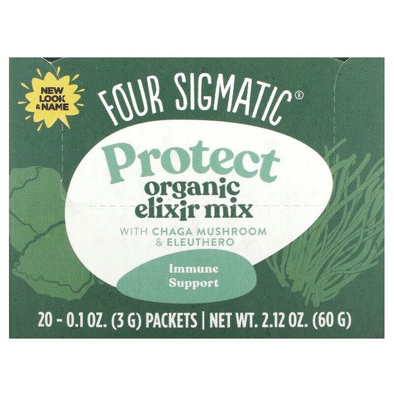 Four Sigmatic, Protect, органическая смесь-эликсир с грибом чага и элеутерококком, 20 пакетиков по 3 г (0,1 унции)