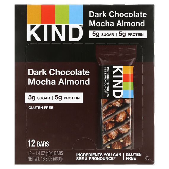 KIND Bars, Nuts &amp; Spices, с темным шоколадом, мокко и миндалем, 12 батончиков, 40 г (1,4 унции) каждый