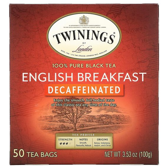 Twinings, English Breakfast, черный чай без кофеина, 50 чайных пакетиков, 100 г (3,53 унции)