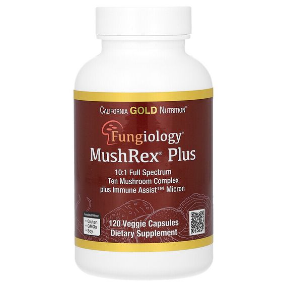 California Gold Nutrition, Fungiology, MushRex Plus, Immune Assist Micron, комплекс грибов полного спектра, сертифицированный органический продукт, 120 растительных капсул