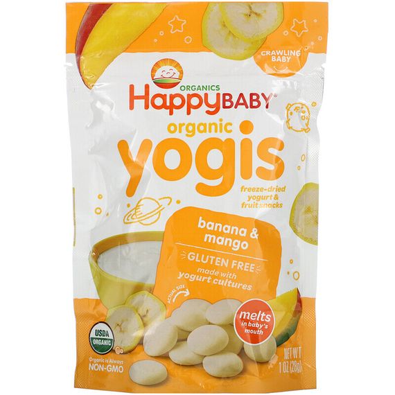 Happy Family Organics, Yogis, органические снеки из сублимированного йогурта с фруктами, банан и манго, 28 г