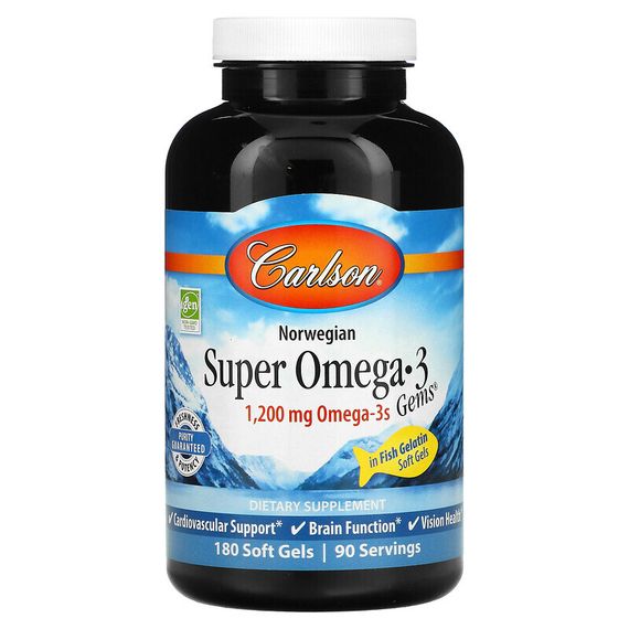 Carlson, Norwegian, Super Omega-3 Gems, высокоэффективные омега-3 кислоты, 600 мг, 180 капсул