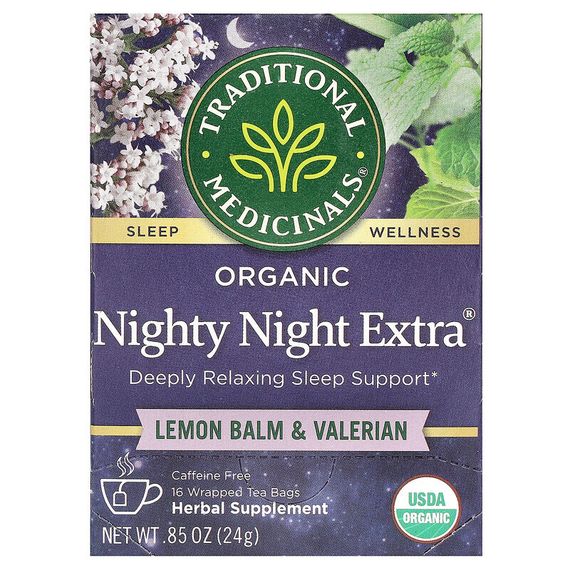 Traditional Medicinals, Nighty Night Extra, чай из органической валерианы, 16 отдельно упакованных чайных пакетиков, 24 г (85 унций)