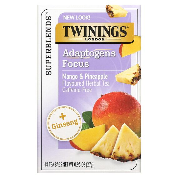 Twinings, Adaptogens Focus Herbal Tea, Mango &amp; Pineapple, Caffeine Free, 18 Tea Bags, 0.95 oz (27 g)