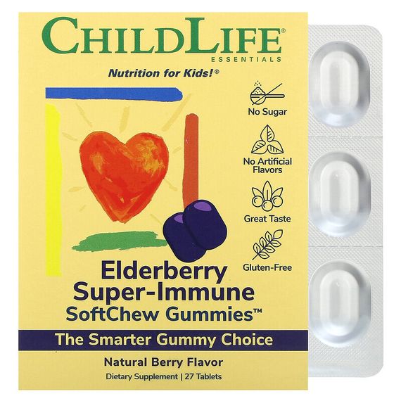 ChildLife Essentials, Super-Immune SoftChew Gummies, жевательные таблетки с бузиной для детей, со вкусом натуральных ягод, 27 таблеток