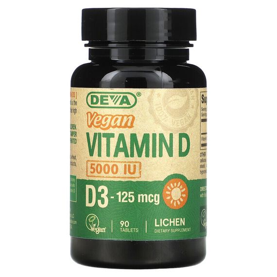 Deva, веганский витамин D, D3, 125 мкг (5000 МЕ), 90 таблеток