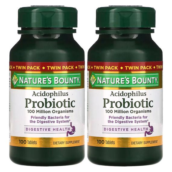 Nature&#39;s Bounty, Ацидофильные пробиотики, Двойная упаковка, 100 таблеток в каждой