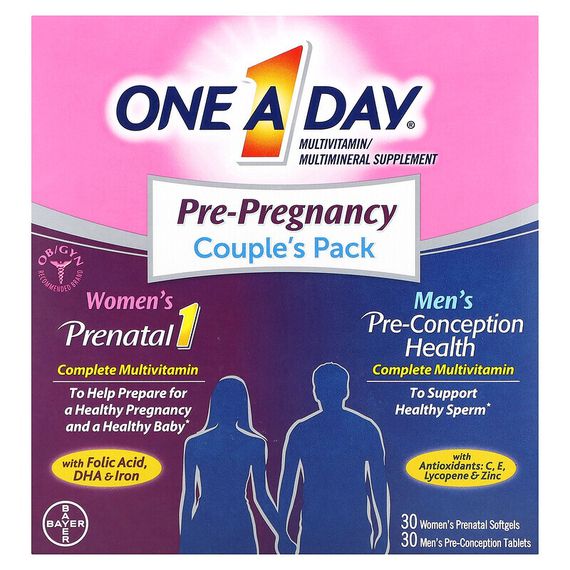 One-A-Day, Пакет для пар перед беременностью, здоровье женщин в пренатальном периоде 1 и для мужчин в период до зачатия, 30 капсул для беременных для женщин, 30 таблеток для мужчин перед зачатием