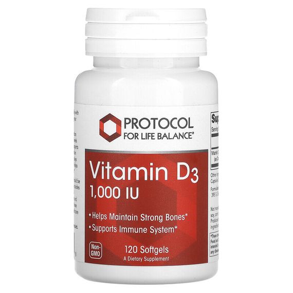 Protocol for Life Balance, Витамин D3, 1000 МЕ, 120 мягких таблеток