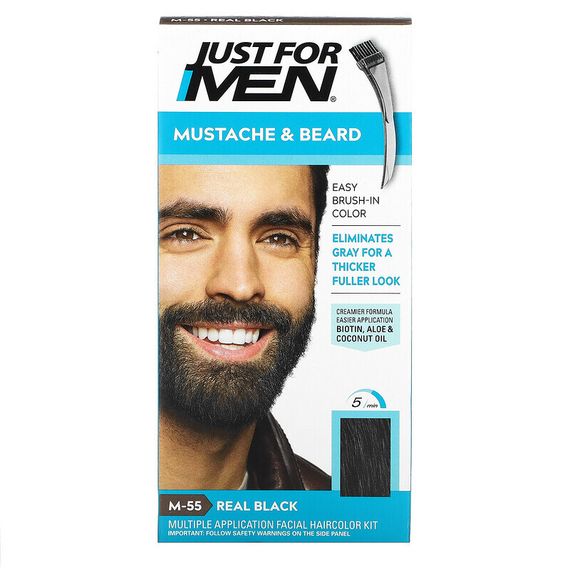 Just for Men, Гель для окрашивания усов и бороды Mustache &amp; Beard, кисточка в комплекте, оттенок черный M-55, 2 шт. по 14 г