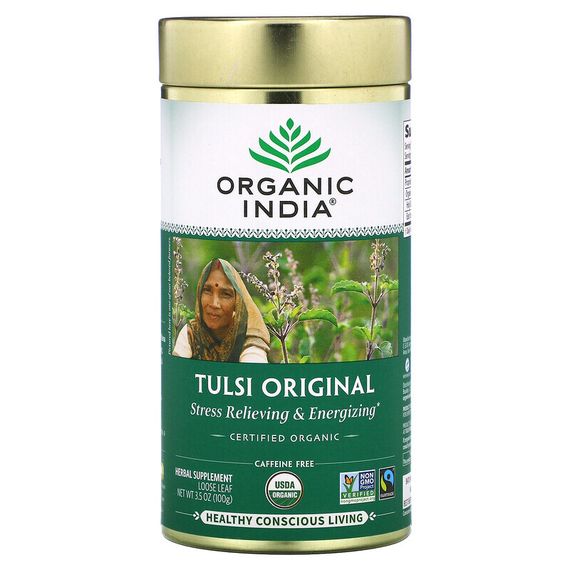 Organic India, Листовой чай тулси, священный базилик, оригинальный вкус, без кофеина, 100 г (3,5 унции)