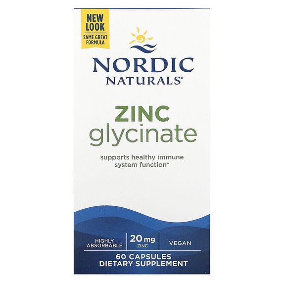 Nordic Naturals, глицинат цинка, 20 мг, 60 капсул