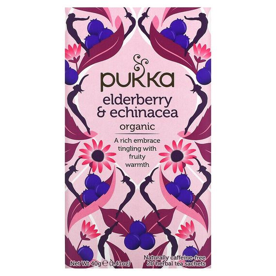 Pukka Herbs, Бузина и эхинацея, 20 пакетиков с фруктовым чаем, 40 г (1,41 унции)