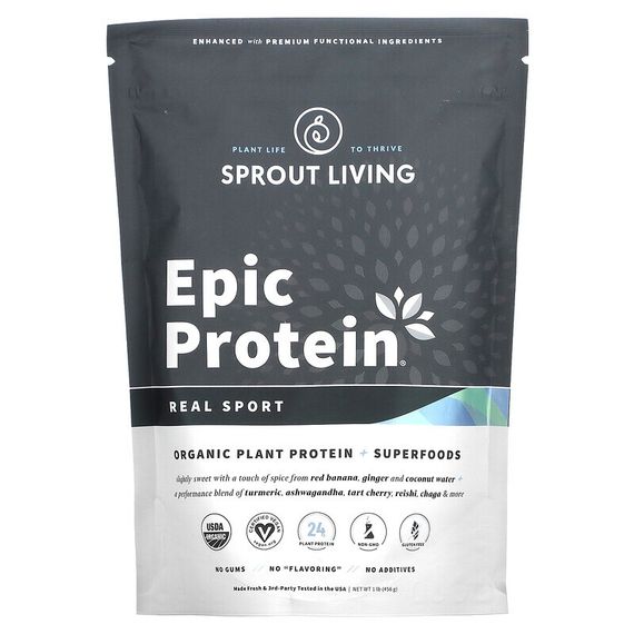 Sprout Living, Epic Protein, органический растительный протеин и суперпродукты, Real Sport, 494 г (1,1 фунта)