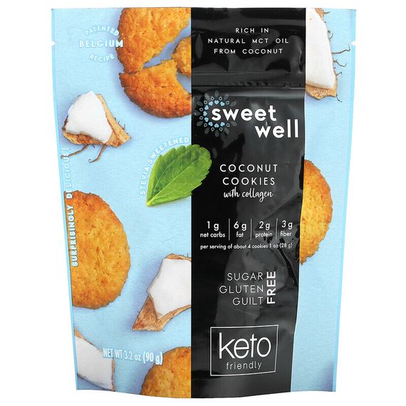 Sweetwell, Кето-печенье, с коллагеном, кокос, 90 г (3,2 унции)
