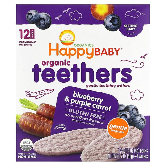 Happy Family Organics, Organic Teethers, Gentle Teething Wafers, Blueberry &amp; Purple Carrot, 12 Packs, 0.14 oz (4 g) Each