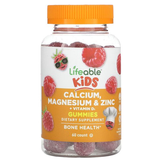 Lifeable, Кальций для детей, магний и цинк + витамин D3, малина, 60 жевательных таблеток