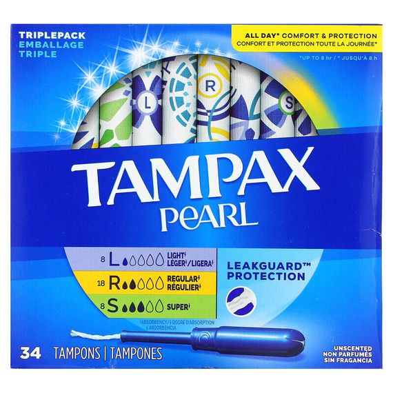 Tampax, Pearl, Triple Pack, Light/Regular/Super, Unscented, 34 Tampons