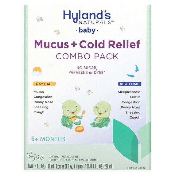 Hyland&#39;s Naturals, Baby, Mucus + Cold Relief Combo Pack, Daytime/Nighttime, 6+ Months, 2 Bottles, 4 fl oz (118 ml) Each