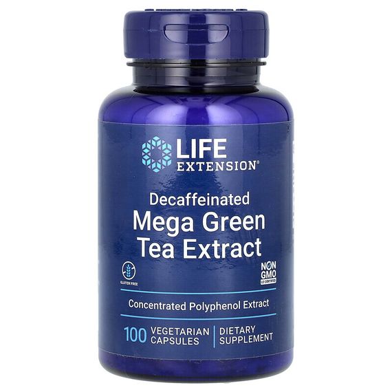 Life Extension, мегаэкстракт зеленого чая, без кофеина, 100 вегетарианских капсул