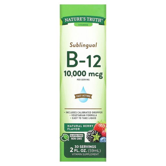 Nature&#39;s Truth, Сублингвальный витамин B12, натуральные ягоды, 10 000 мкг, 59 мл (2 жидк. Унции)