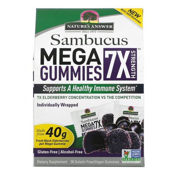 Nature&#39;s Answer, Sambucus Mega Gummies 7X Strength, черная бузина, 30 вегетарианских жевательных мармеладок без желатина