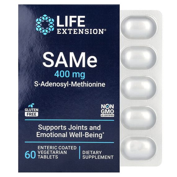 Life Extension, SAMe, S-аденозилметионин, 400 мг, 60 вегетарианских таблеток, покрытых кишечнорастворимой оболочкой