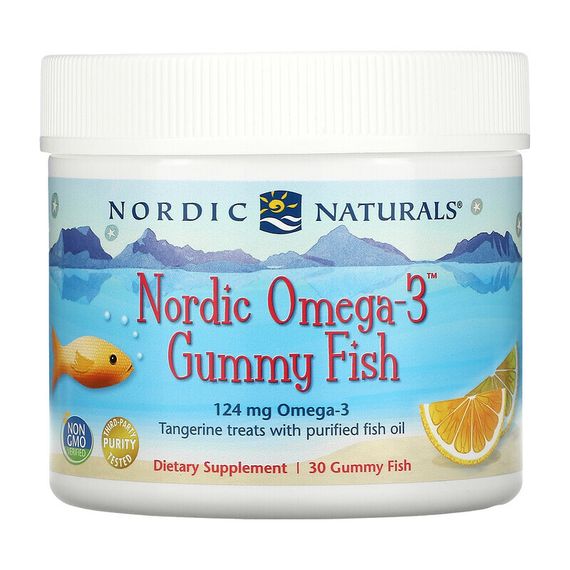 Nordic Naturals, Nordic Omega-3 Gummy Fish, «мандариновые лакомства», 124 мг, 30 жевательная таблеток в форме рыбок