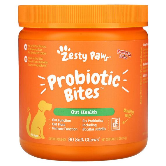 Zesty Paws, Probiotic Bites, добавка для собак с пробиотиками, для пищеварения, для любого возраста, со вкусом тыквы, 90 мягких жевательных таблеток