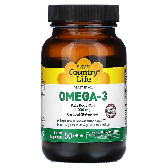 Country Life, Naturals Omega-3, 1000 мг, 50 мягких таблеток
