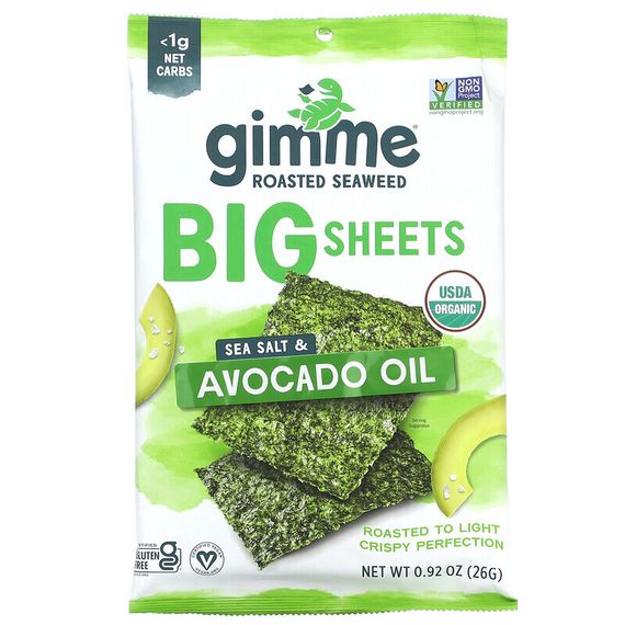 gimMe, Жареные водоросли, большие листы, морская соль и масло авокадо, 26 г (0,92 унции)