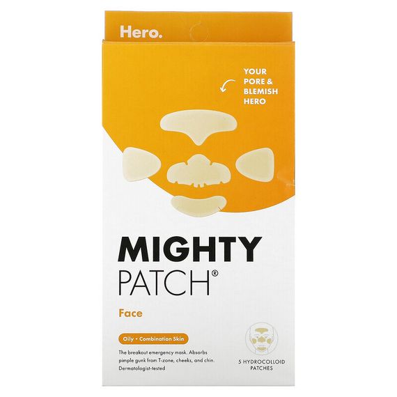 Hero Cosmetics, Mighty Patch, Face, Oily, Combination Skin, 5 Hydrocolloid Patches