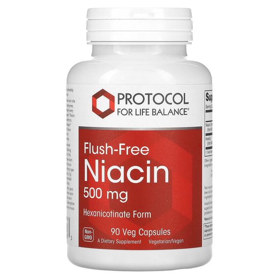 Protocol for Life Balance, Никотиновая кислота, без смыва, 500 мг, 90 растительных капсул