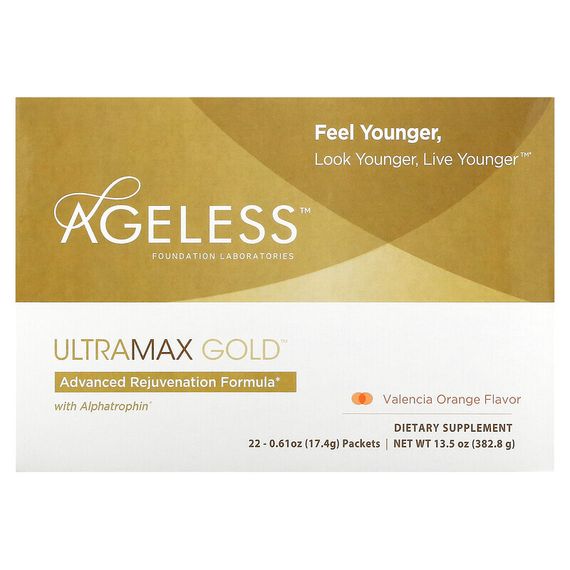 Ageless Foundation Laboratories, UltraMax Gold, улучшенная формула омоложения с альфатрофином, со вкусом валенсийского апельсина, 22 пакетика по 17,4 г каждый