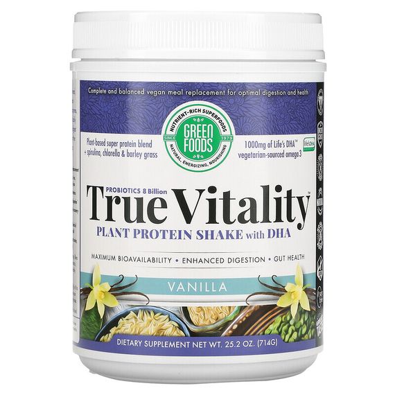 Green Foods Corporation, True Vitality, растительный протеиновый коктейль с ДГК, ваниль, 714 г (25,2 унции)