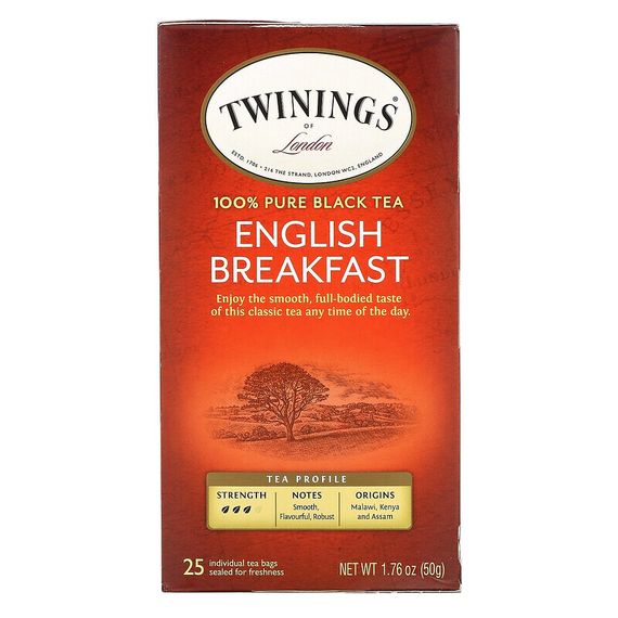 Twinings, 100% чистый черный чай «Английский завтрак», 25 чайных пакетиков, 50 г (1,76 унции)