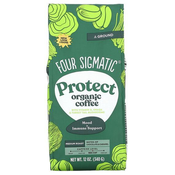 Four Sigmatic, Protect, органический кофе с витамином D и грибами (чага и трутовик разноцветный), молотый, средняя обжарка, 340 г (12 унций)