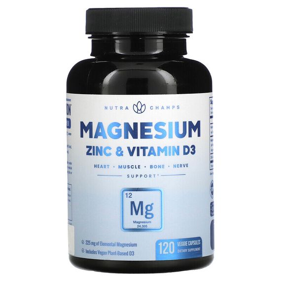 NutraChamps, Magnesium, Zinc &amp; Vitamin D3, 120 Veggie Capsules