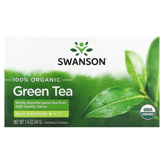 Swanson, 100% органический зеленый чай, 20 чайных пакетиков, 40 г (1,4 унции)