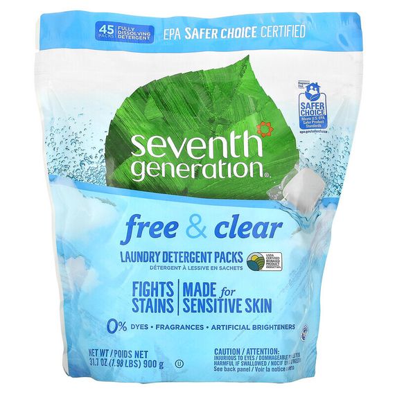 Seventh Generation, Laundry Detergent Packs, Free &amp; Clear, 45 Packs, 1.98 lbs (900 g)