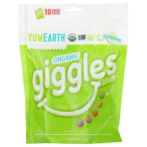 YumEarth, Organic Giggles, кислый вкус, 10 упаковок с закусками, 14 г (0,5 унции)