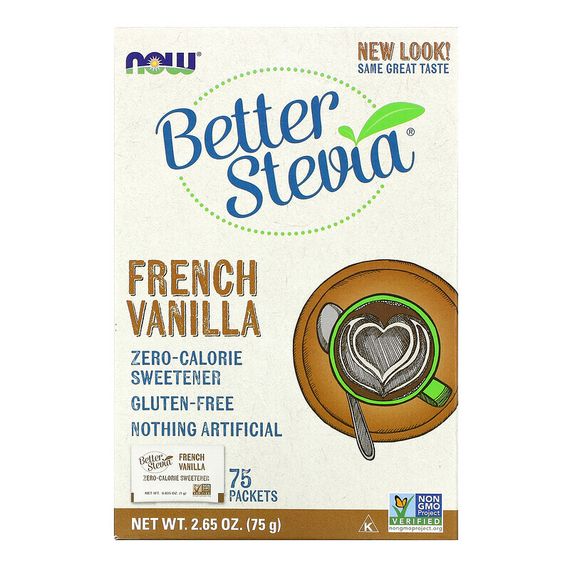 Now Foods, стевия BetterStevia, сахарозаменитель с нулевой калорийностью, французская ваниль, 75 пакетиков по 1 г в каждом